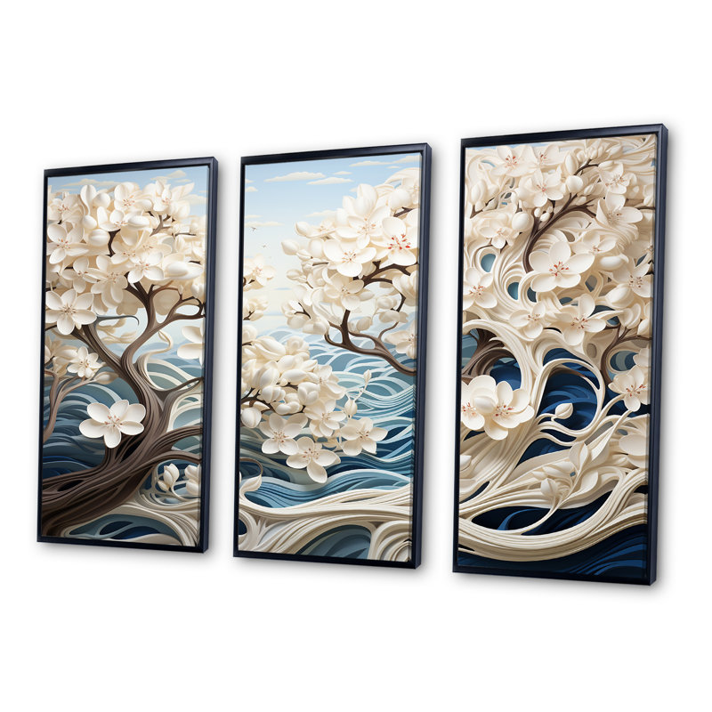 Ensemble de salon mural blanc et bleu River I - River Decor Wall Art, Cadre flottant noir, H 32 po x l 48 po x P 1 po