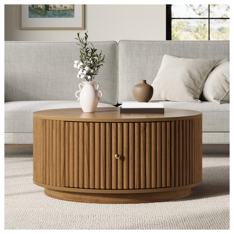 Table basse ronde cannelée avec deux tiroirs dissimulés, table basse centrale en bois massif et MDF fini noyer