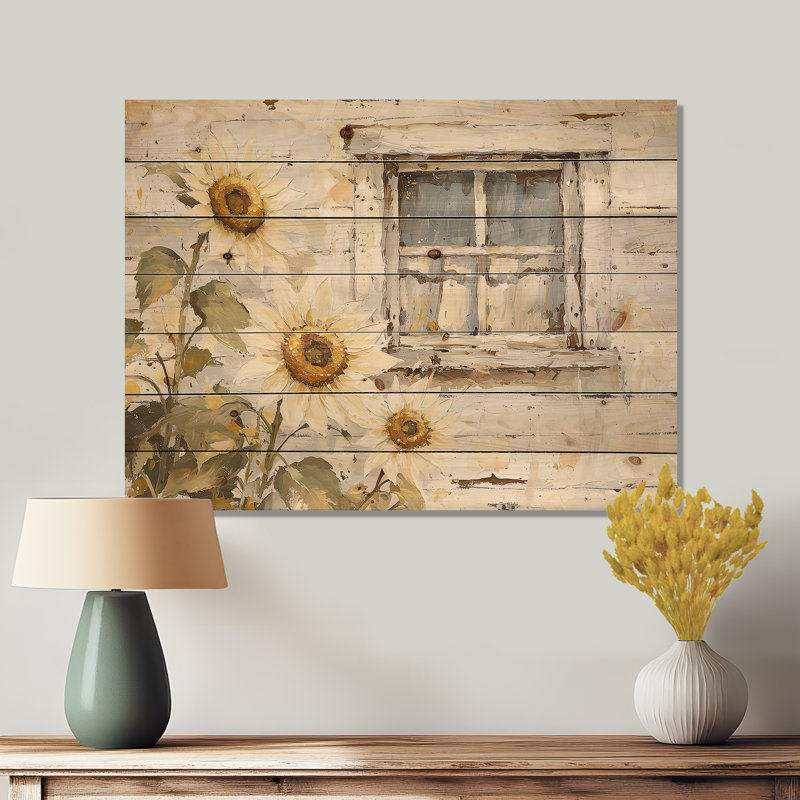 Sunflowers by the Barn Windows - Impression de tournesols sur bois de pin naturel, H 30 po x l 40 po x P 0,78 po