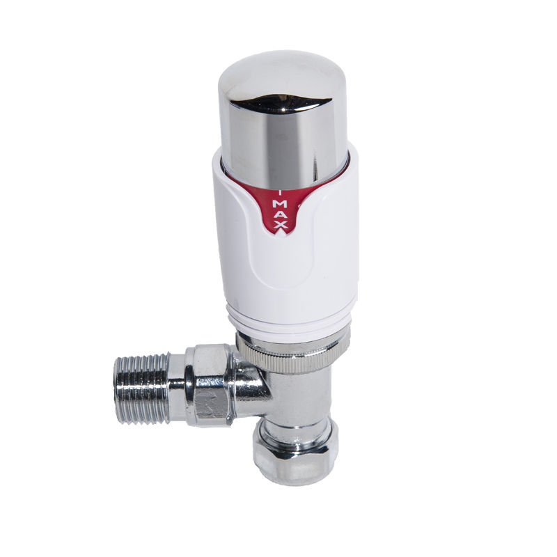 Designer Radiator Valve TRV Thermostatic 15Mm 1/2"  Angled, White/Chrome
