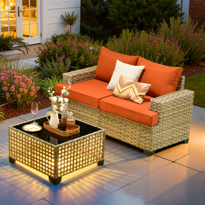 2-Person  Outdoor Sectional With Cushions And Led Coffee Table,  All-Weather Wicker Patio Set