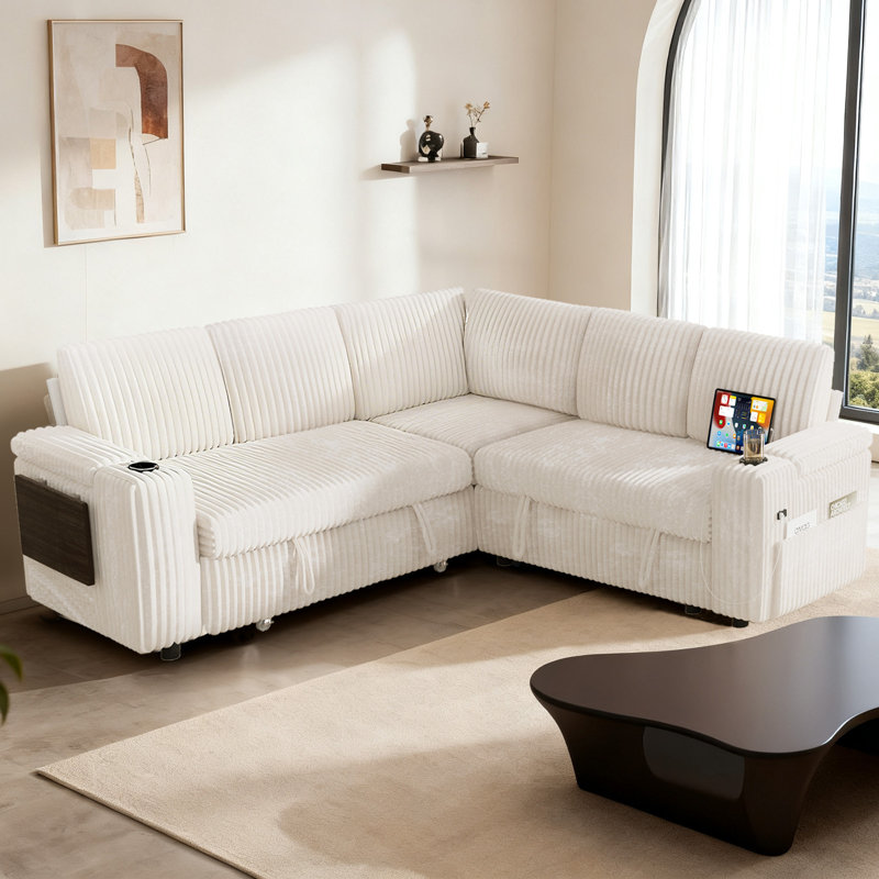 85" Sectional Sofa Couch With Pull Out Bed, 5 Seat L Shaped Pull Out Couch Bed With Usb Ports, Modular Sleeper Sofa Bed, Large Sectional Couches For Living Room