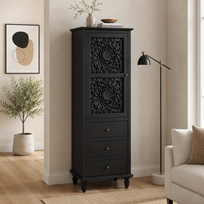 Armoire de rangement vintage haute à portes sculptées et 3 tiroirs pour la décoration intérieure