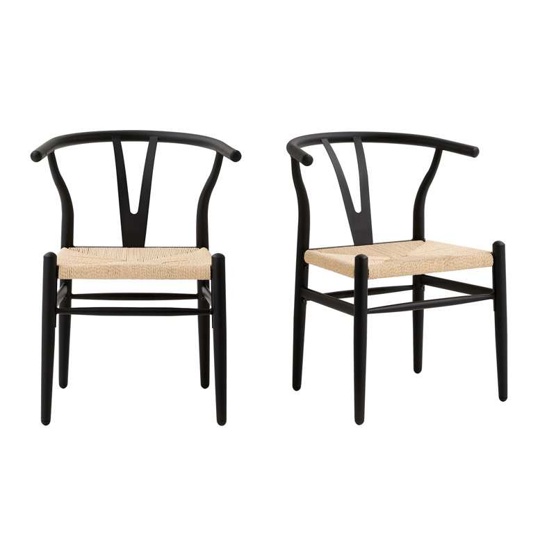 Set Of 2 Chairs - Mid-Century Dining Chairs - Natural Wood Color Frame With Woven Seat, Black