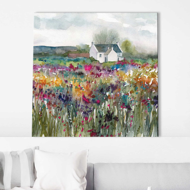 «Wildflower Cottage» par Carol Robinson - Peinture, Toile tendue, H 28 po x l 28 po x P 1,5 po