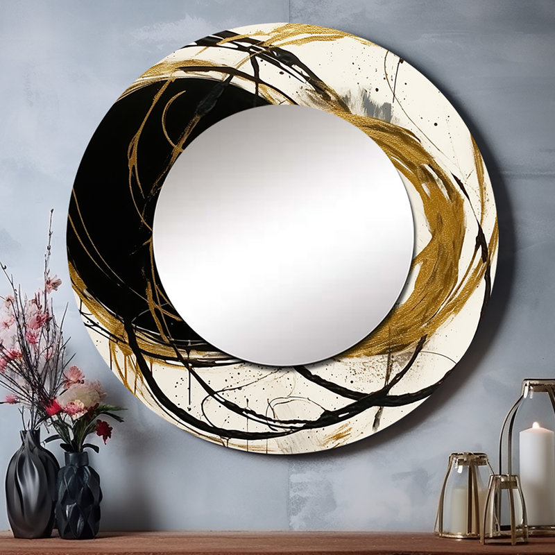 Raihana noir et or l'art du chaos I - peinture abstraite miroir décoratif, grand miroir mural rond moderne, art imprimé en métal
