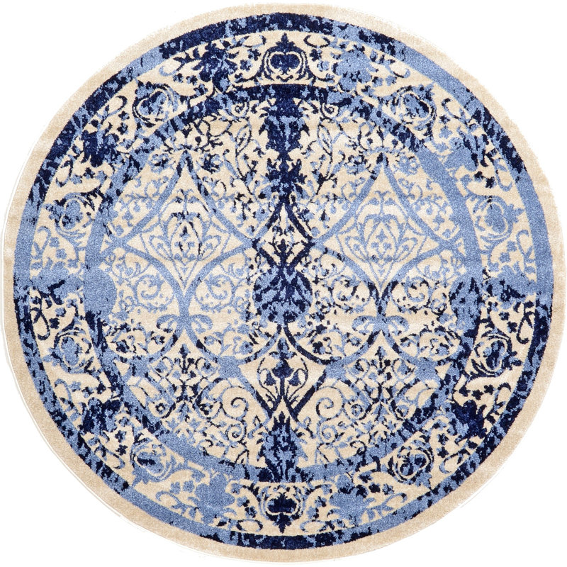 Tapis oriental bleu denim / bleu égéen Ade, Rond 6 pi 1 po