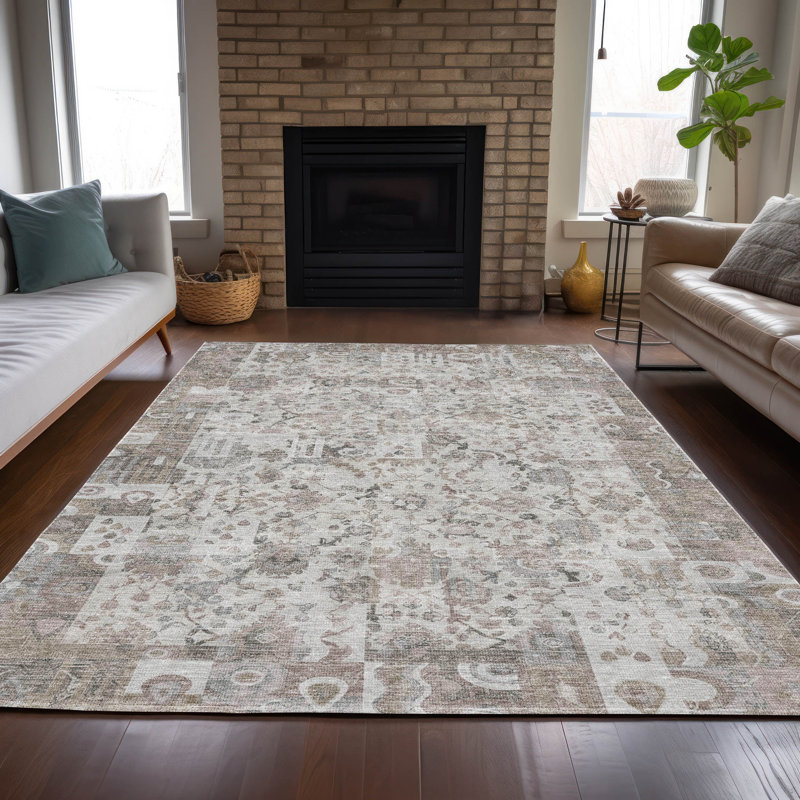 Tapis taupe Xhevrie intérieur / extérieur lavable à la machine, Rectangulaire 8 pi x 10 pi