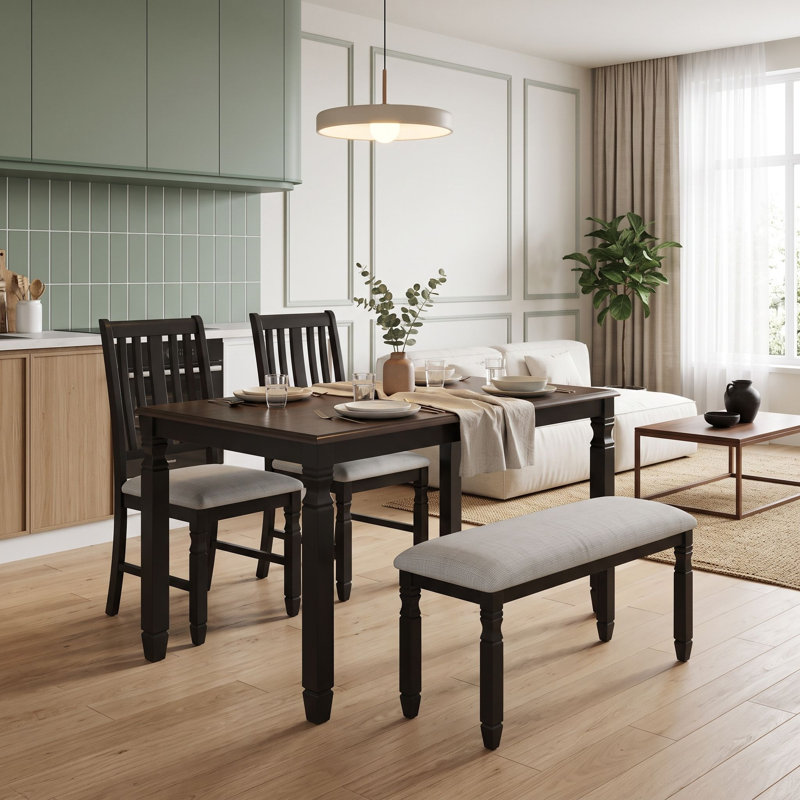 Ensemble de salle à manger extensible quatre pièces avec 2 chaises rembourrées et banc, Beige / noir / espresso