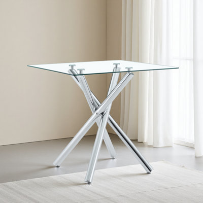 Modern Bar Table With Tempered Glass Top, Sturdy Cross Metal Legs Pub Table For Home Bar