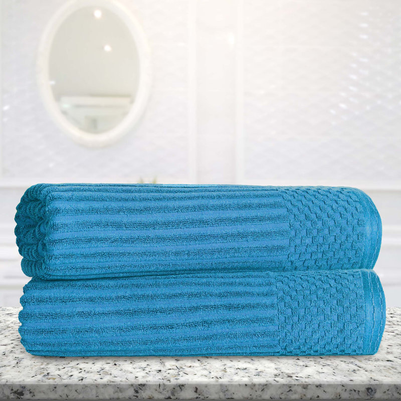 Yaholo Cotton Highly Absorbent Solid and Checkered Border Bath Sheet Set, Azure