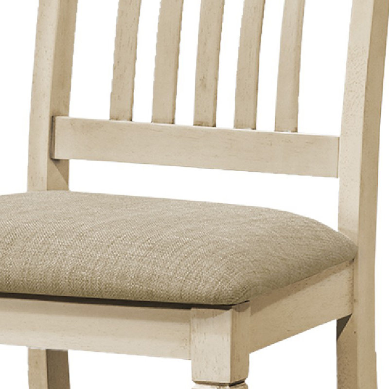 Ensemble de 2 chaises de salle à manger Coxo, siège rembourré en tissu beige, dossier en lattes de bois, Brun, Blanc antique