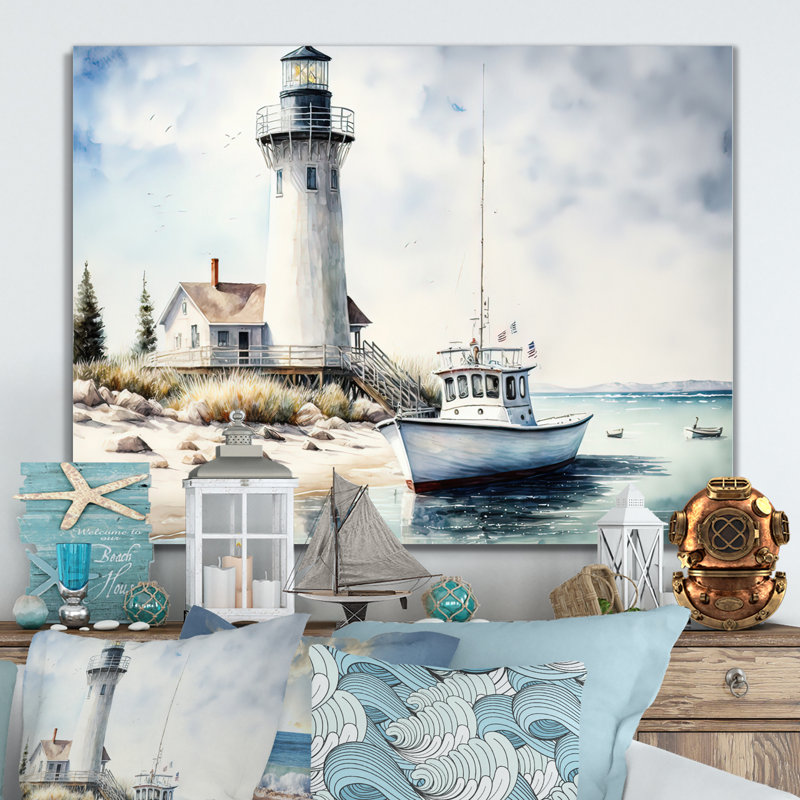 Bateau de pêche et phare I - plage côtière, art mural, Toile tendue, H 16 po x l 32 po x P 1 po