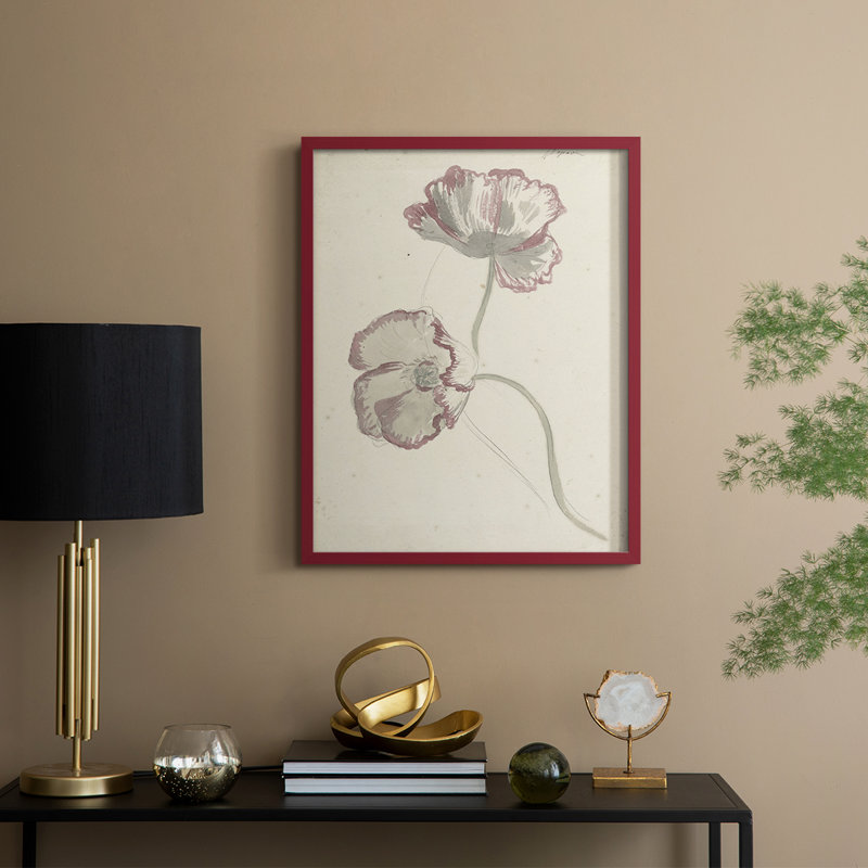 Impression florale vintage encadrée CXCIV - bois massif, H 30 po x l 24 po, Rouge