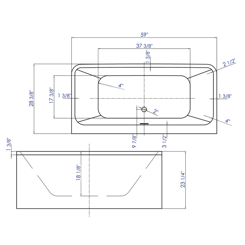 59'' White Freestanding Rectangular Acrylic Soaking Bathtub