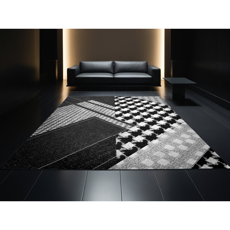 Machine Washable Wynsum Preppy Checkered Rug in Gray – Black Binding, 4x6