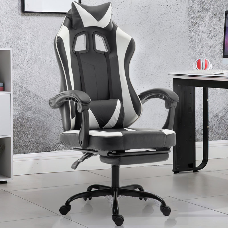 Radelldar Adjustable Reclining Ergonomic Faux Leather Swiveling PC & Racing Game Chair with Footrest, Black/White