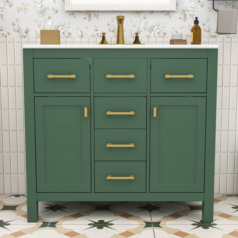 Élégant meuble-lavabo en bois avec lavabo brillant et grand espace de rangement, Vert