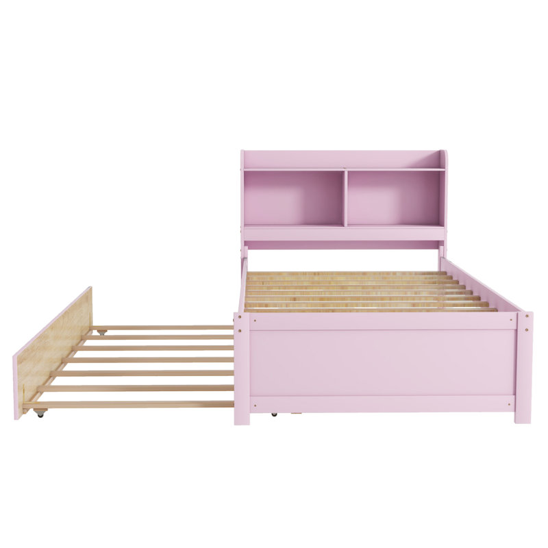 Twin Bed with Trundle and Bookcase Headboard, Pink