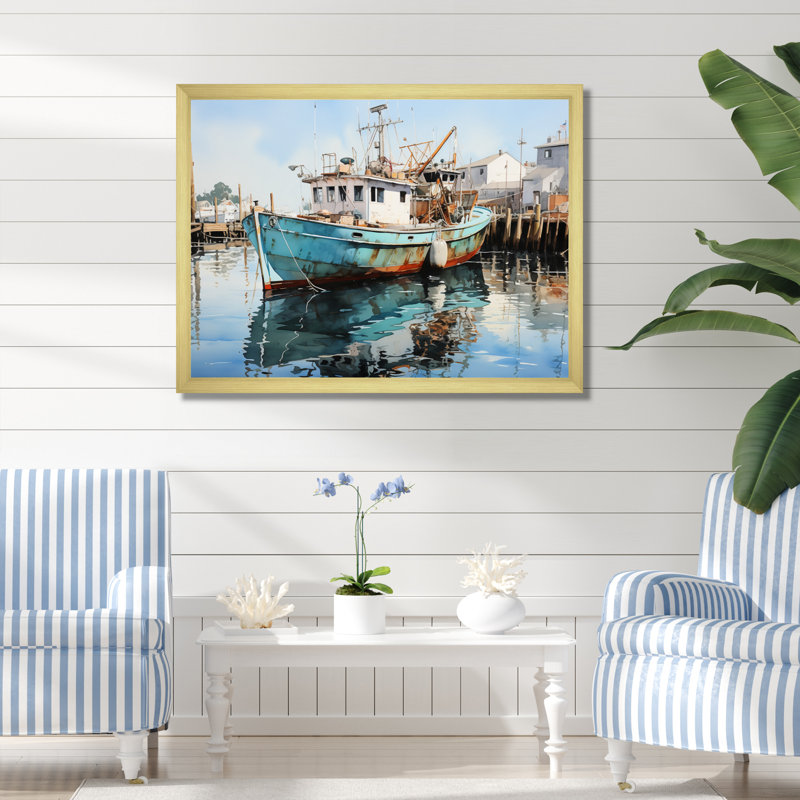 Port Harbor Reflections xiv sur toile, Encadrement doré, H 16 po x l 32 po x P 1 po
