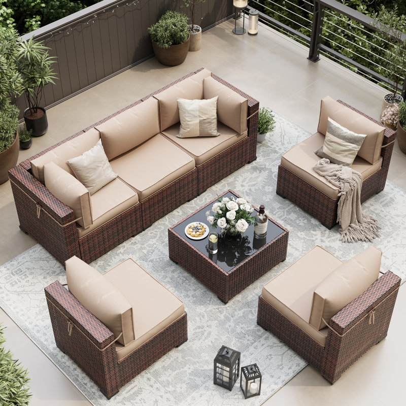 7 Piece Rattan Sectional Seating Group With Cushions, Khaki