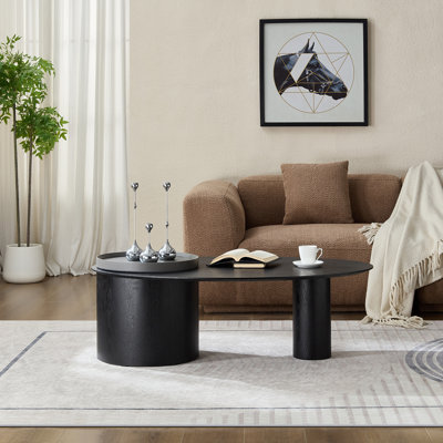 Modern Oval Luxury MDF Coffee Table (Black & Grey Finish) With Uniform Small Mountain Grain Ash Veneer (Solid Wood Joint Effect) & Black Matte Paint—Shadow-Free Tabletop, A Combo Item (2 Sub-Products Included)