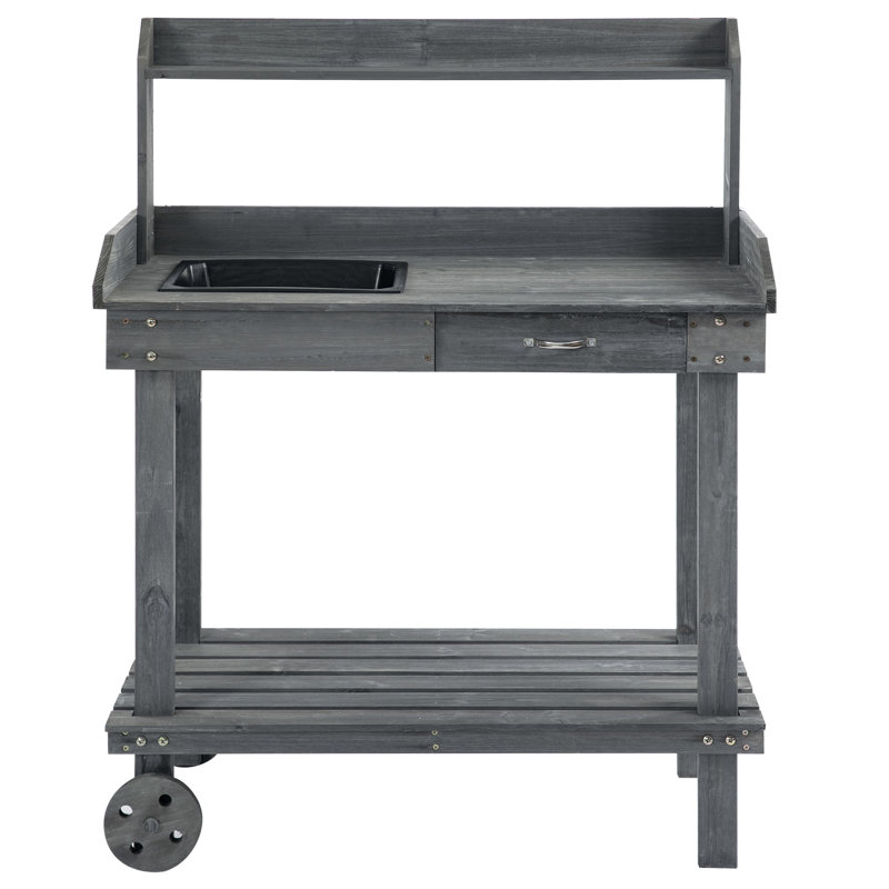 Bureau de rempotage en bois gris 36 po avec roulettes, évier, tiroir et espace de rangement abondant - Table de travail de jardin