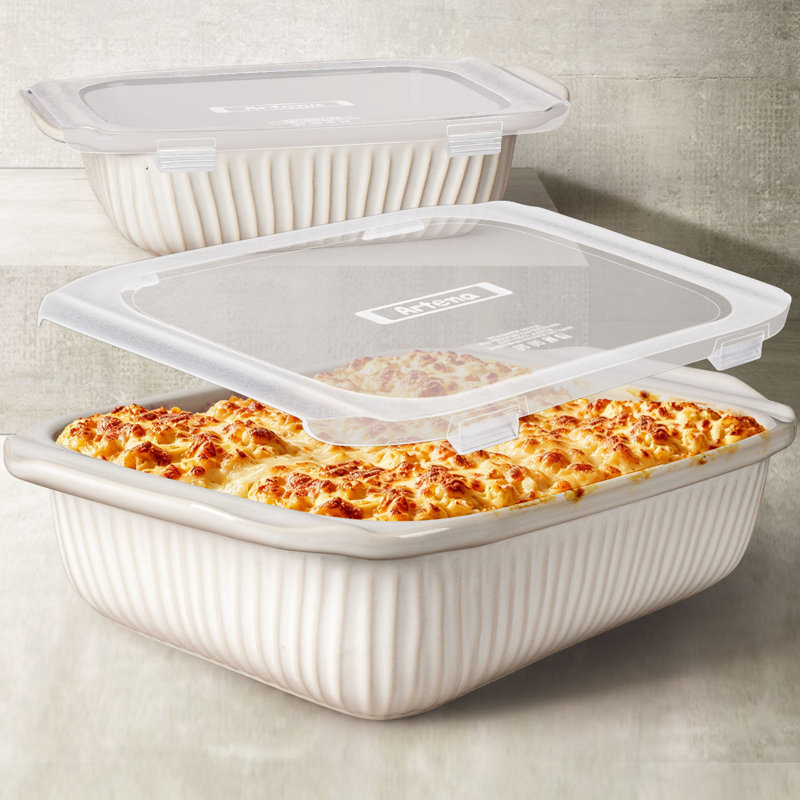 Ensemble de 2 plats à four et casseroles en céramique, larges poignées antidérapantes, couvercles sans BPA, émail texturé distinctif, plats à lasagnes allant au four, liste de mariage et cadeau de Noël (blanc)