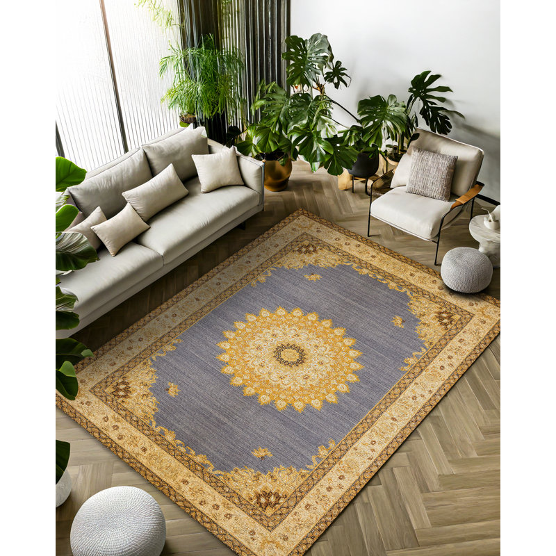 Girvin Yellow Gray Oriental Machine Printed Cotton Polyester Area Rug, Rectangle 3'4" x 5'
