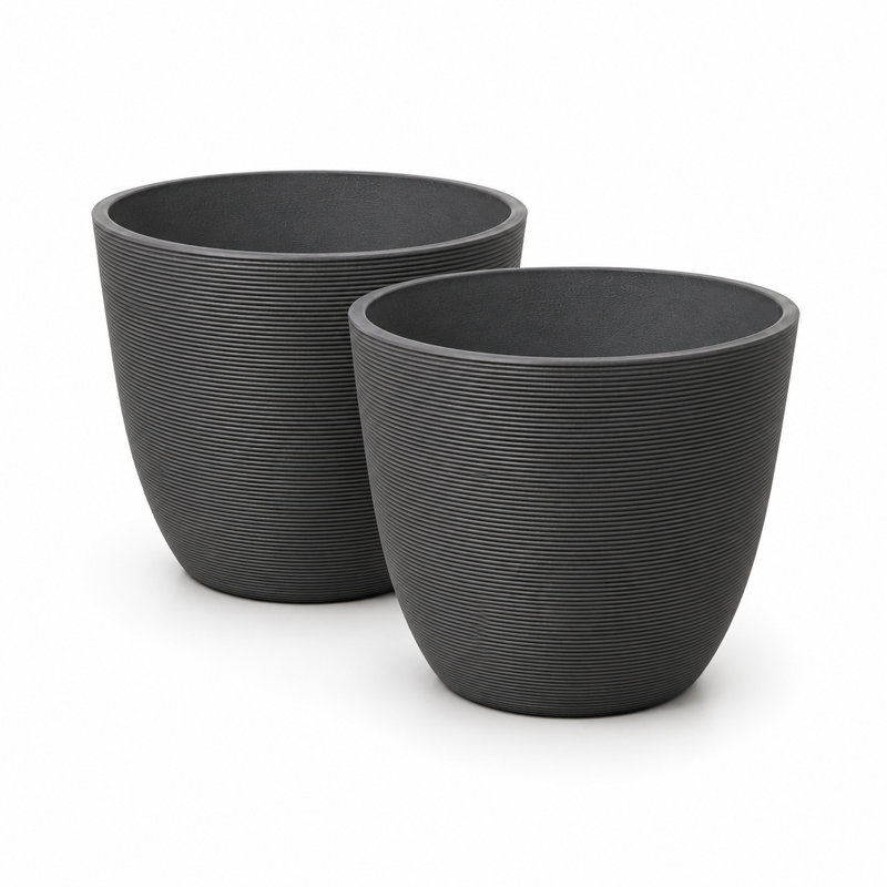 Tahmina Ribbed Round Composite Planter Set, Charcoal, 11" H x 14" W x 14" D, 2