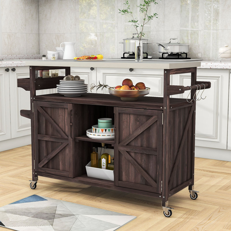 Cheyene Rolling Kitchen Island with Stainless Steel Top and Lockable Wheels, Dark Brown