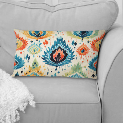 Blue And Orange Ikat Mosaic Fusion - Ikat Printed Throw Pillow
