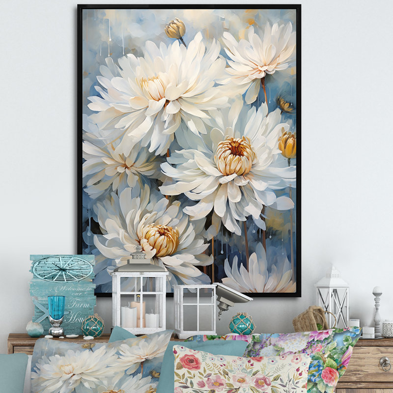 «White and Blue Chrysanthemums V» sur impression sur toile, Cadre flottant noir, 20" H x 12" W
