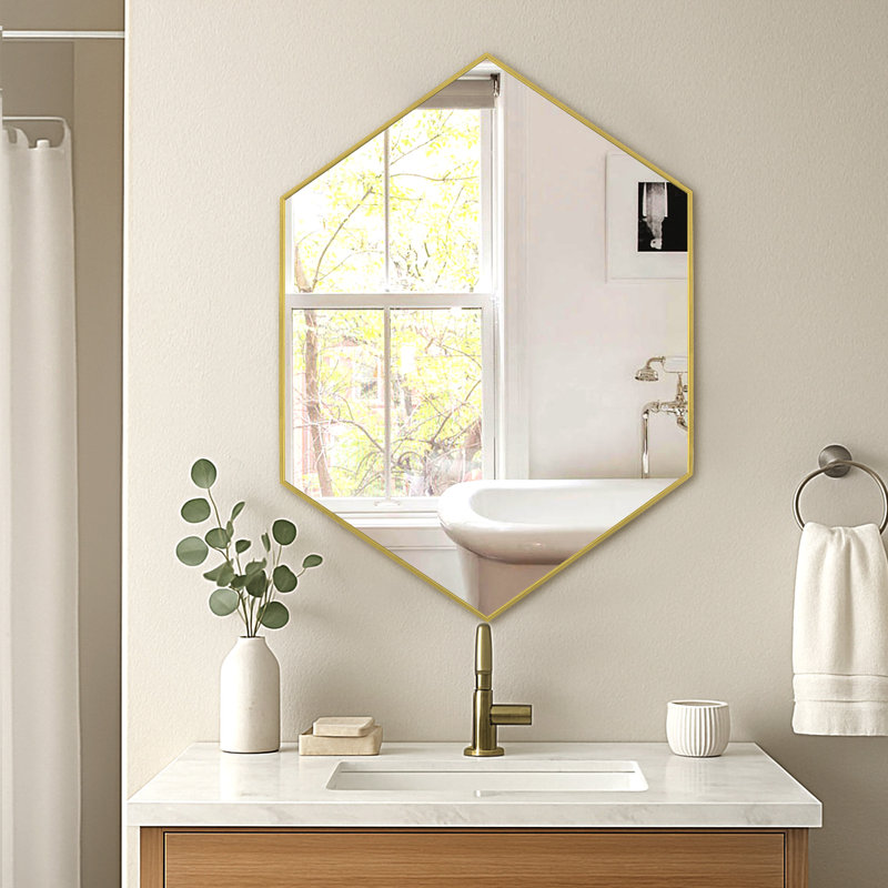Modern Metal Framed Hexagon Wall Mirror, Gold, 34" x 24"
