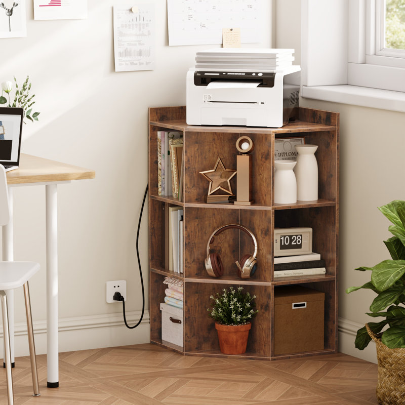 3-Tier Corner Cabinet Storage with USB Ports and Outlets,Corner Cube Storage Organizer for Small Spaces,Retro, Brown