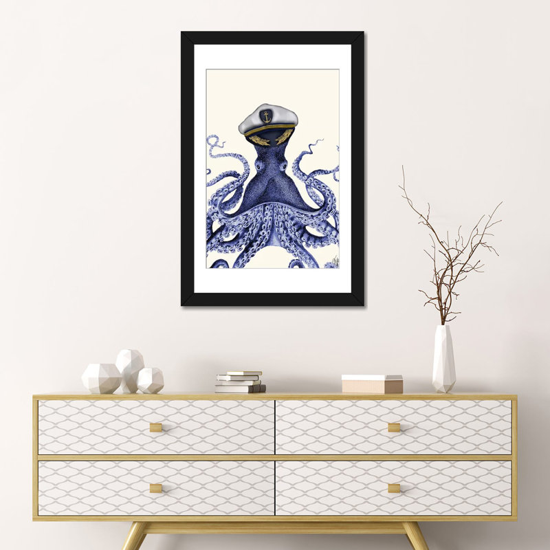 « capitaine octopus », impression sur toile tendue, Papier beaux-arts encadré noir, H 24 po x l 16 po x P 1 po, Blanc