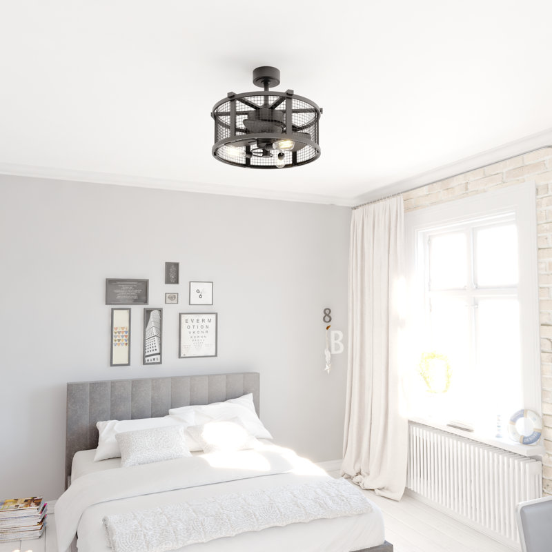 Ender 21 in. Oil Rubbed Bronze and Burnished Teak Indoor Rod Mount Industrial Fandelier Ceiling Fan with Anigre Blades, Dimmable LED Light Kit and Remote Control Included, 3 Speeds Caged Drum Shade