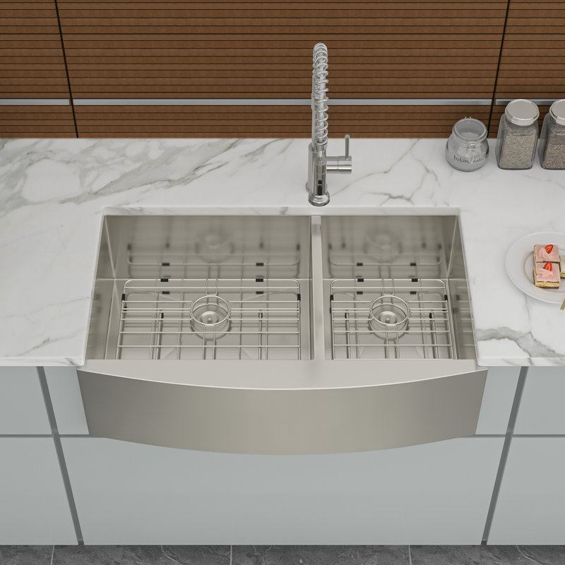 Évier de cuisine double à double cuve - Évier de cuisine en acier inoxydable 33 po x 20 po à tablier frontal encastrable à double cuve de calibre 18 avec deux cuves profondes de 9 po
