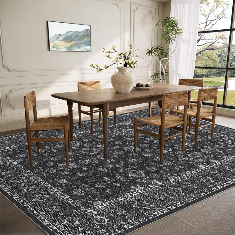 Floral Machine Printed Area Rug, Rectangle 120 x 170 cm, Black