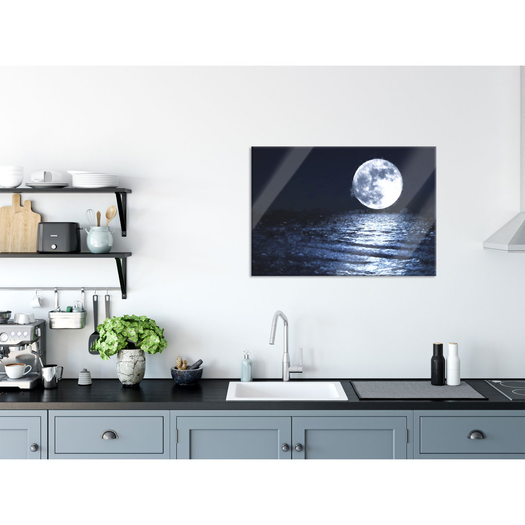 Glasbild | Wandbild Auf Echtglas | Aufgehender Mond Über Wasser | 2 Blau LF7039