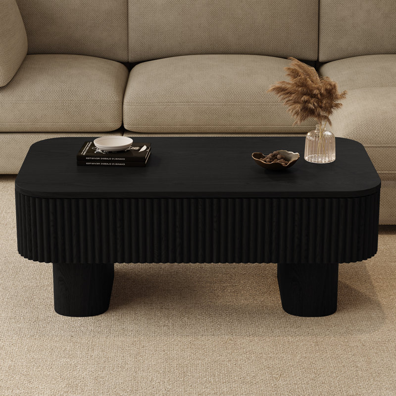 44'' Solid Wood Coffee Table With Storage Fluted Rectangle Coffee Table, Black