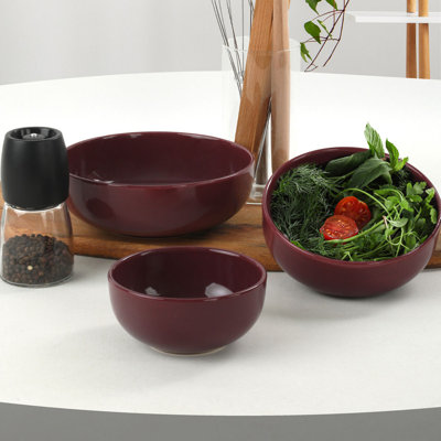 Premium Ceramic Bowl Set (3 Pieces) in Damson Color | 100% Ceramic, Antibacterial, Easy to Clean | Includes 7.1 in (1000 ml), 5.9 in (700 ml), 4.7 in (300 ml) | Dishwasher & Microwave Safe, Thermal Shock Resistant