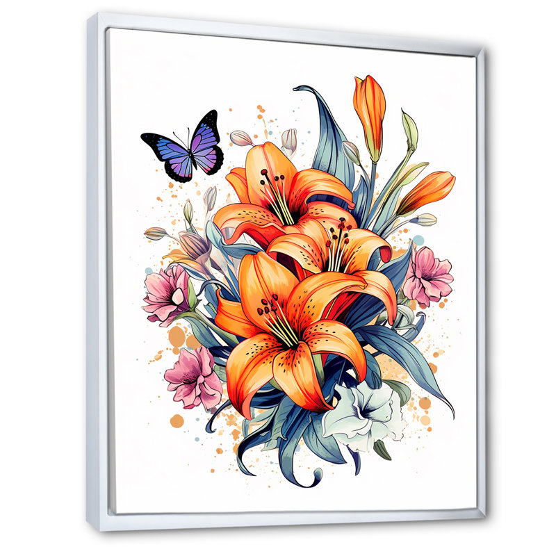 «Whimsical Butterfly and Colorful Lilies», reproduction sur toile, H 44 po x l 34 po, Cadre flottant blanc