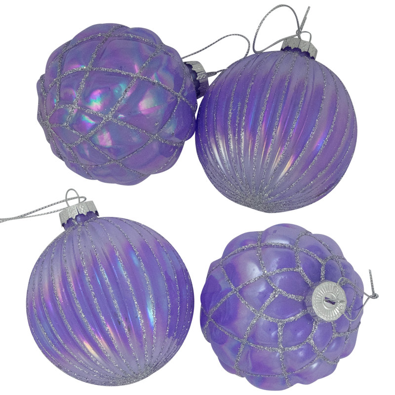 Shiny Glittered Iridescent Glass Ball Christmas Ornaments - 3" (80Mm) - Purple - 4Ct