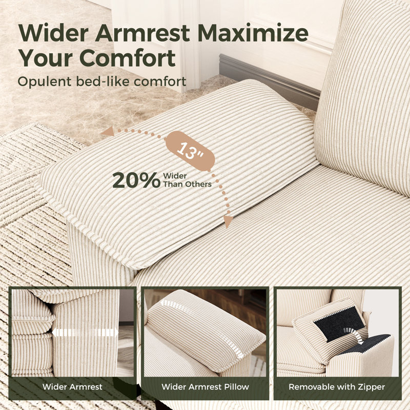 88" Modular Sectional Loveseat Couches For Living Room, 2-seater Deep Seat Sofa With Throw Pillow, Ivory Corduroy