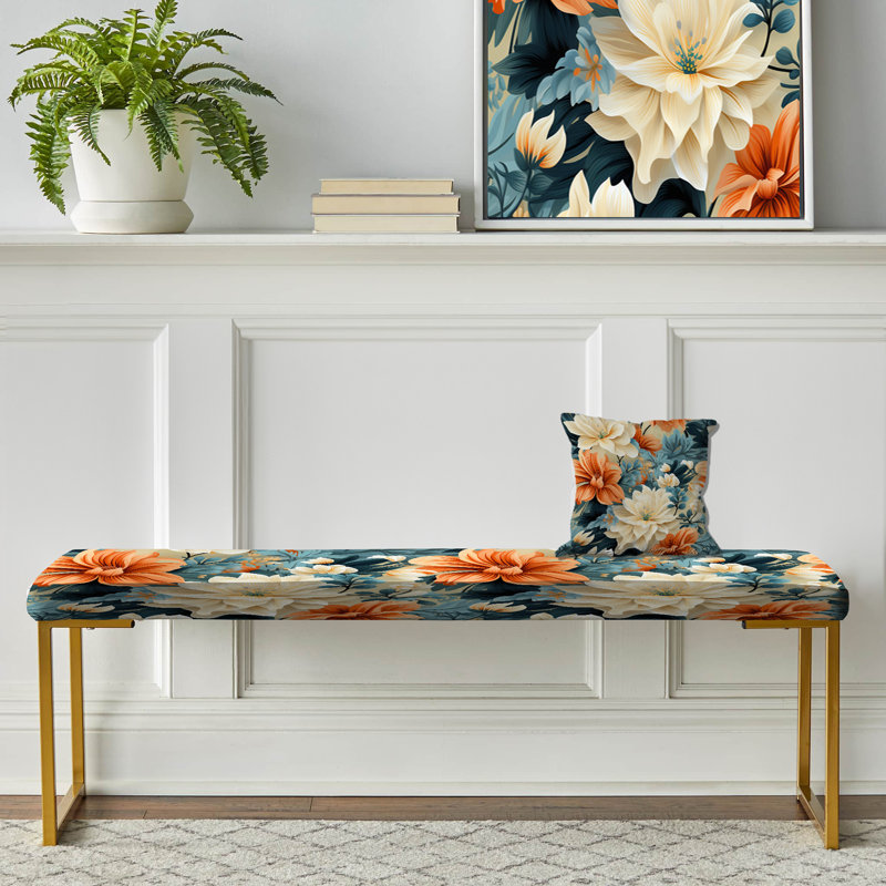 Banc rembourré or, Terre cuite chaude et motif botanique floral