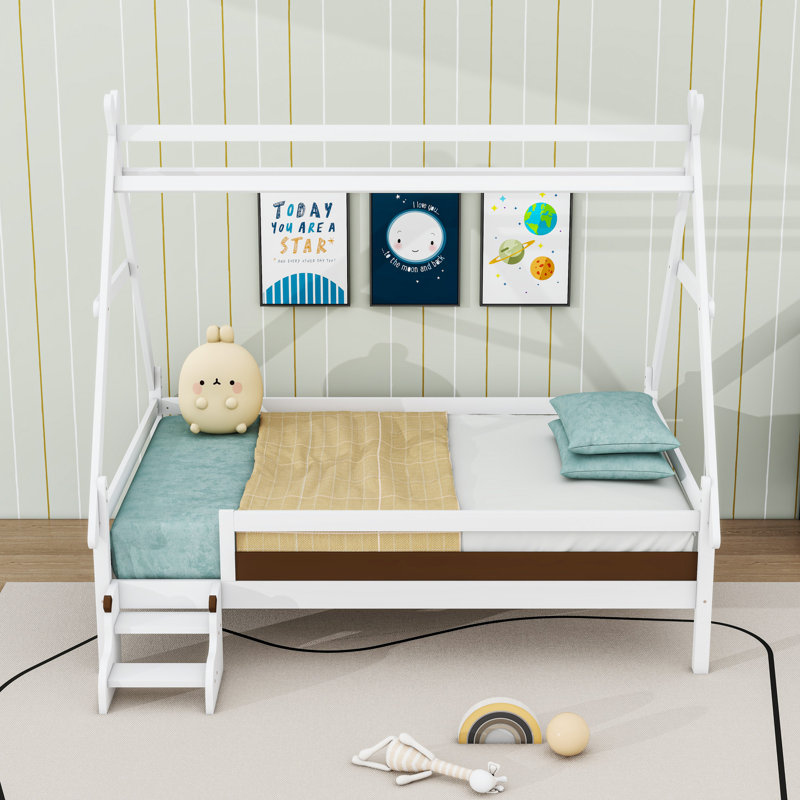 Lit plateforme en bois avec forme de maison, Lit double, Blanc