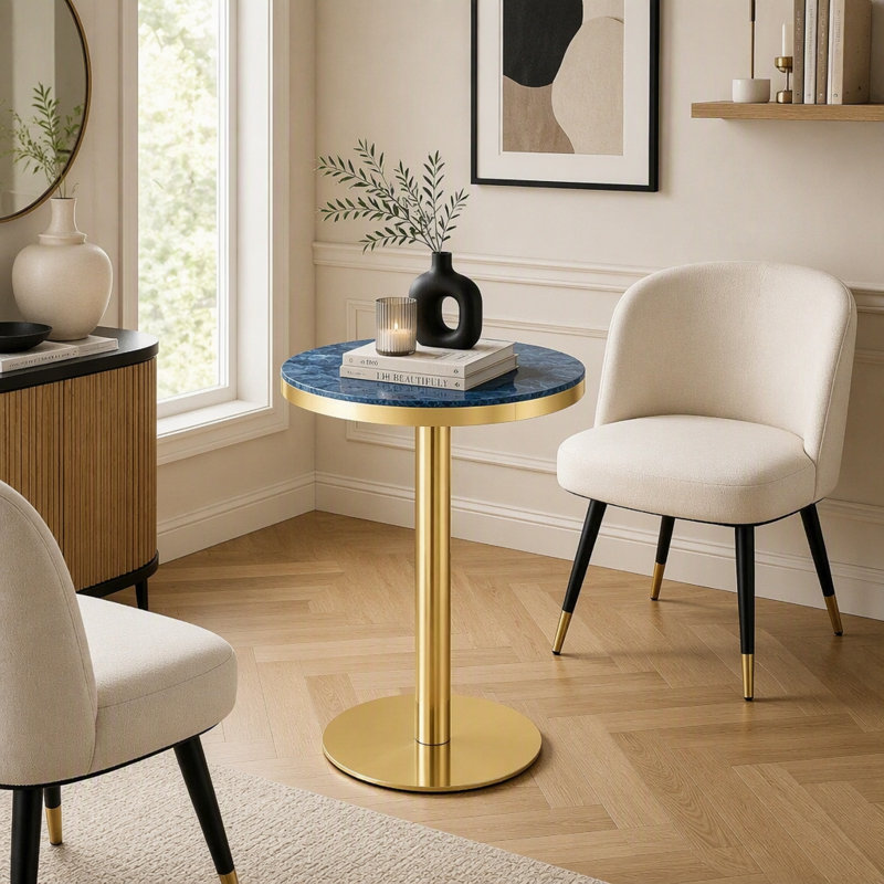 Table de bistro ronde avec plateau en marbre brillant UV et bordure en acier inoxydable doré, Bleu / Doré