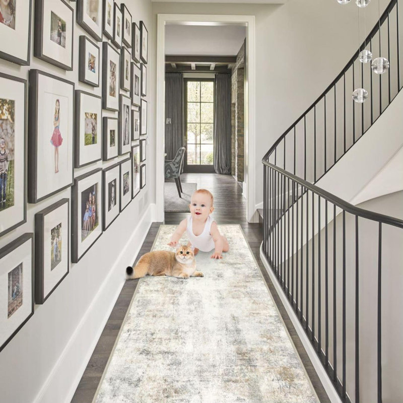 Modern Abstract Washable Runner Rug, Light  Non Slip Runners For Hallways, Low Pile Kitchen Runner Rug, Ultra Soft Print Distressed Faux Wool Rug For Entryway, Bedroom, Laundry