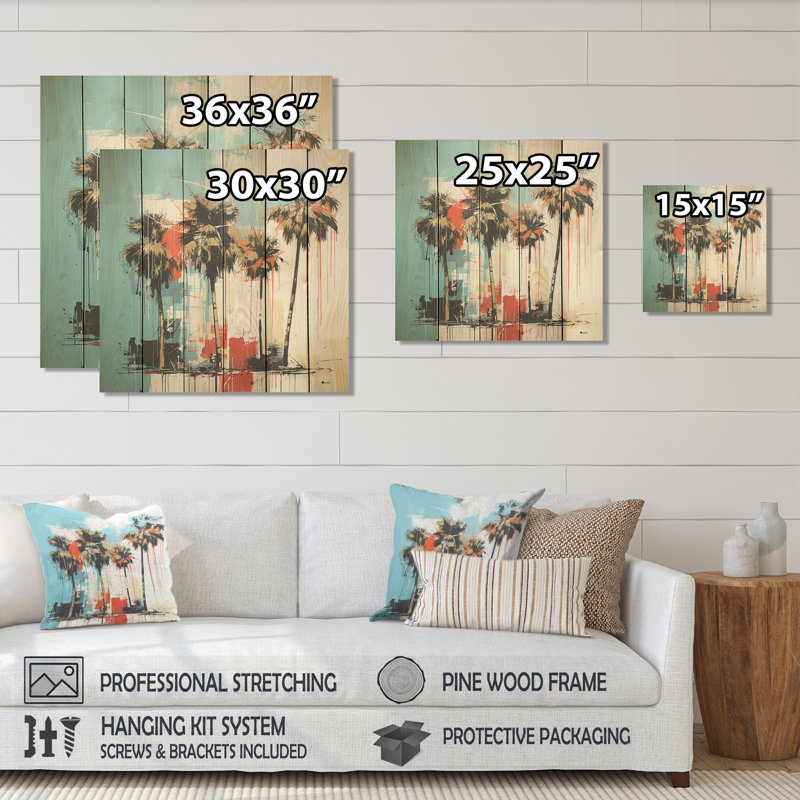 Blue And Black Florida Palm Tree Harmony - Florida On Wood Print, 15" H x 15" W